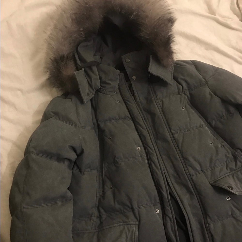 Andrew Marc - Rockland Dark Gray Parka Jacket w/ White Fox Fur Hood - Picture 2 of 6